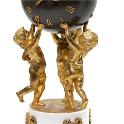 French- late 19th century 8-day globe clock, patinated globe with applied gilt Roman numerals, arrow-shaped hands and supported by three ormolu putti on a stepped columnar white marble base with a floral garland mount, twin train Parisian movement by Japy Freres with a recoil anchor escapement and countwheel strike, sounding the hours and half-hours on a bell. With pendulum.
