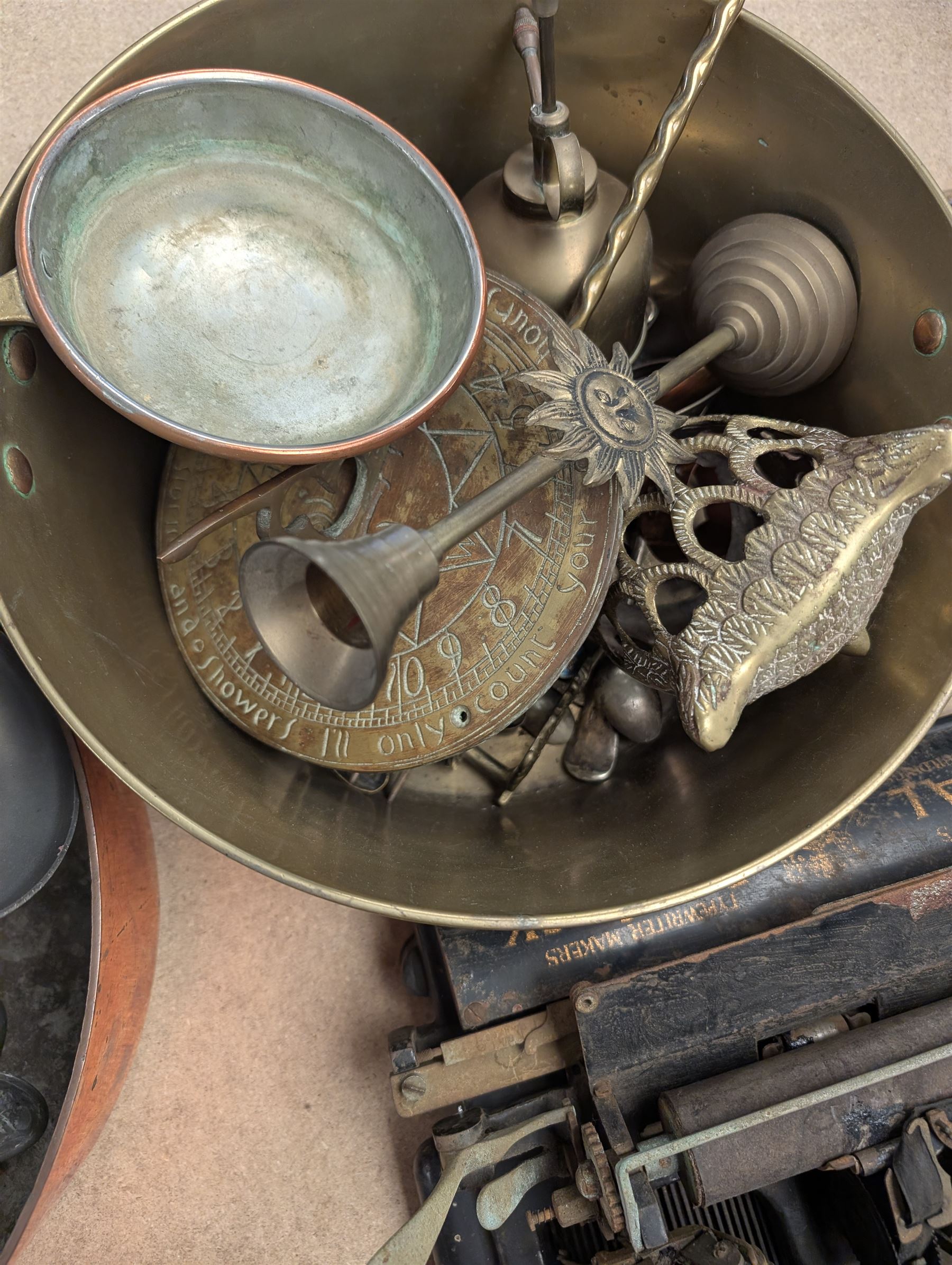 Large copper pan, brass jam pan, balance scales and weights, typewriter, leather suitcase and other metal ware