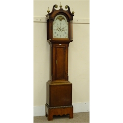  19th century inlaid oak longcase clock, broken arch pediment with brass finials, painted arched dial with moon phase apature, Roman and Arabic numeral and subsidiary seconds dial, eight day movement striking on a gong, raised on a later oak base with bracket feet, H238cm  
