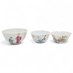 Group of eight 18th century and later Chinese famille rose and similar painted teabowls and dishes, to include unmarked peony cup, small cup decorated with flowers and butterfly, cup decorated with female figure gazing out of a window in a Buddhist temple with indistinct square character mark to base, pair of saucers unmarked, and others with character scenes unmarked (8)