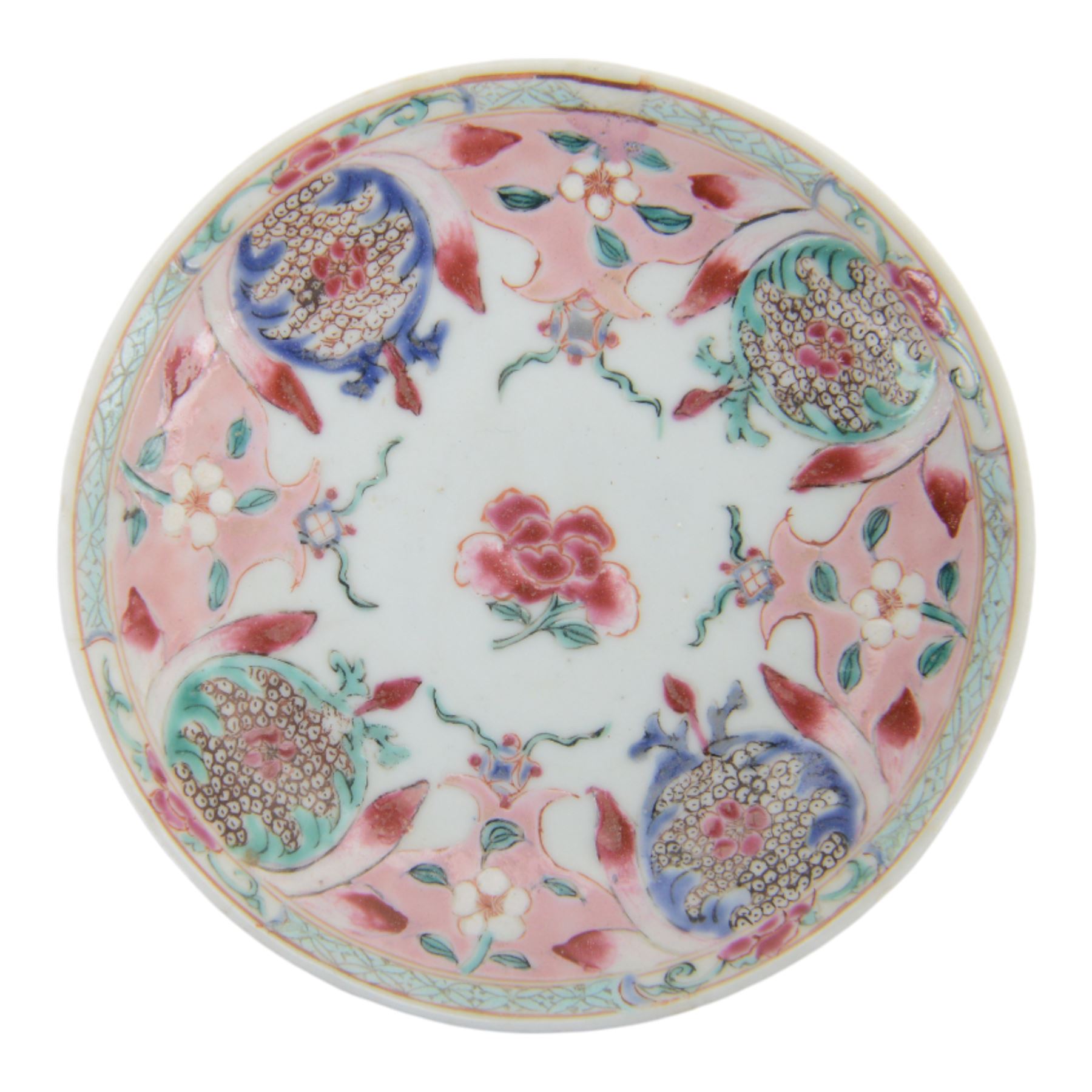 Amsterdam bont teapot, decorated with a basket of flowers, together with two Amsterdam bont saucers of similar design and five other saucers  