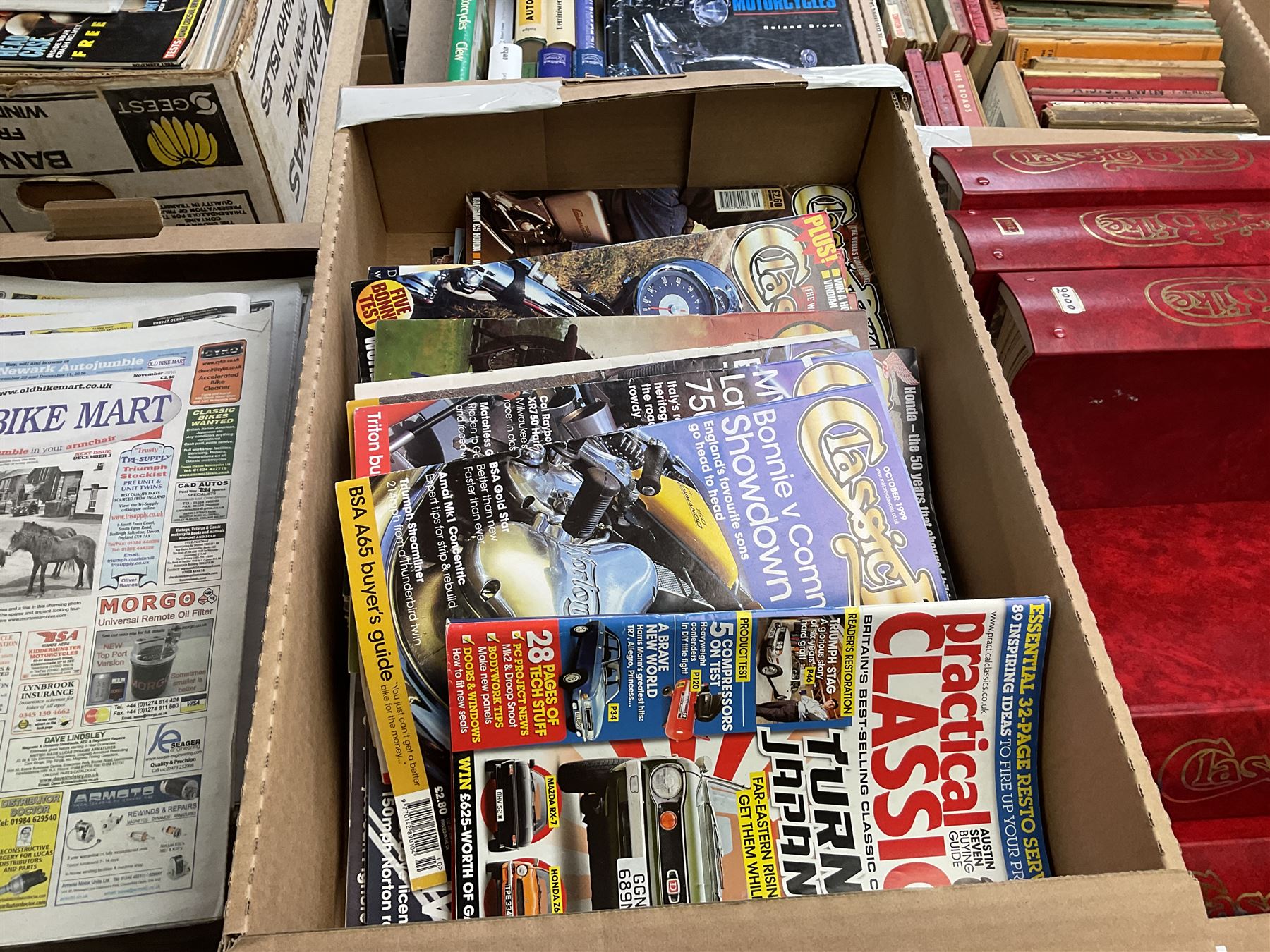 Large collection of motorcycle and motoring magazines, to include Classic Bike in eleven folders, Motorcyle Sport, Old Bike Mart Newspapers etc, in thirteen boxes 
