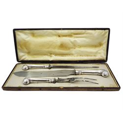 Edwardian silver handled three piece carving set, the knife blade stamped Asprey Bond Street, hallmarked Harrison Brothers & Howson, Sheffield 1903, contained within a fitted case, the interior silk lining marked Asprey 166 Bond St London 