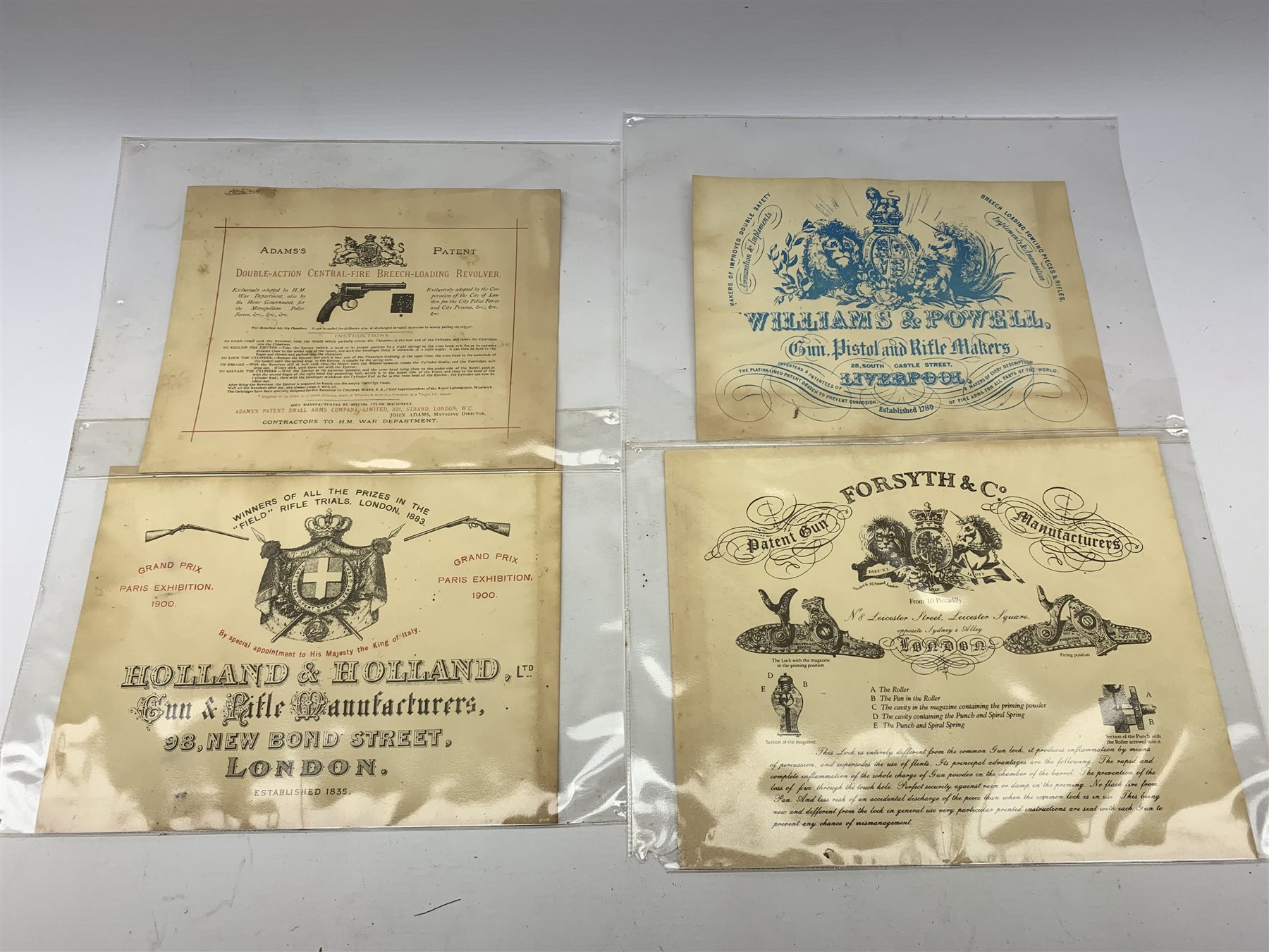 Brass and tin powder magazine by B.E. Chaplin of conical form with glazed see-through nozzle H27cm; eight reprinted gun case labels for Holland & Holland, Thomas Jackson & Son, William Ling, Watson & Hancock, Williams & Powell etc; and quantity of empty cartridge boxes and pellet tins