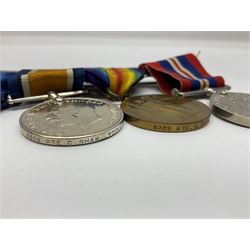 WW1 group of three medals comprising British War Medal, Victory Medal and 1914 Star awarded to 8328 Pte. G. Shaw Yorks: L.I.; on hanging bar with WW2 1939-1945 War Medal and WW1 ribbon bar with rosette to 1914 Star ; all with ribbons; and WW2 1939-1945 War Medal with ribbon