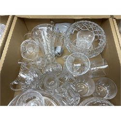 Five boxes of glassware to include cranberry glass, Caithness Flamenco pattern vases, two silver topped shakers, etc