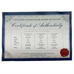 Three Queen Victoria silver crown coins, dated 1845, 1889 and 1893, housed in a case as 'The Queen Victoria Silver Crown Collection' with Westminster certificate