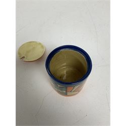 Clarice Cliff Fantasque for Wilkinson Pottery preserve pot, circa 1928, of drum form decorated in Sunray Leaves pattern, H8cm
