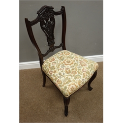  Set four Edwardian mahogany drawing room chairs, with fret work and carved cresting rail and splat, cabriole supports, recently recovered in floral pattern fabric  