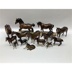 Beswick figures to include, bay mare, model no 976, three bay huntsman horses, model no 1484, shire horse, model no 818, foal lying down, model no 915, shetland foal, model no 1034, etc