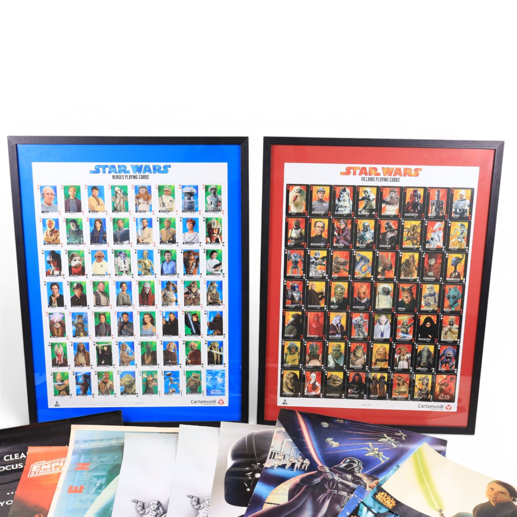 Collection of Star Wars posters, including two vintage 1970s/80s examples, PlayStation, Pepsi, door posters, special edition three film door scroll posters, DVD posters, Storm Trooper door poster, etc, vintage Alien poster and two framed Star Wars Heroes and Villains playing card posters