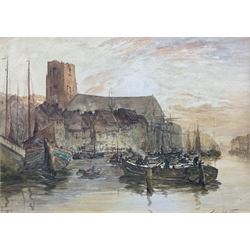 Thomas Swift Hutton (British 1860-1935): Busy Quayside Dordritch Holland, watercolour signed 23cm x 33cm