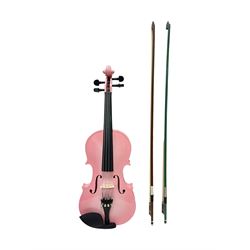 Zest full size pink violin, with a solid wood body and maple head, with matching pink bow and two further bows, in a hard case Length 60cm