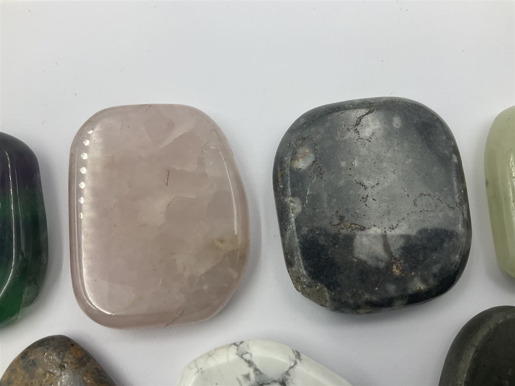 Fifteen mineral specimens, each cut and polished to highlight natural formations, including lapis lazuli, rose quartz, green aventurine, jasper, black obsidian etc, L4cm