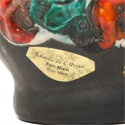 Mid-century twin-handled fat lava vase, H45cm 