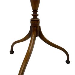 19th century satinwood tripod wine table, moulded oval top inlaid with boxwood and ebony stringing, fine turned vasiform column, three splayed supports with spade feet