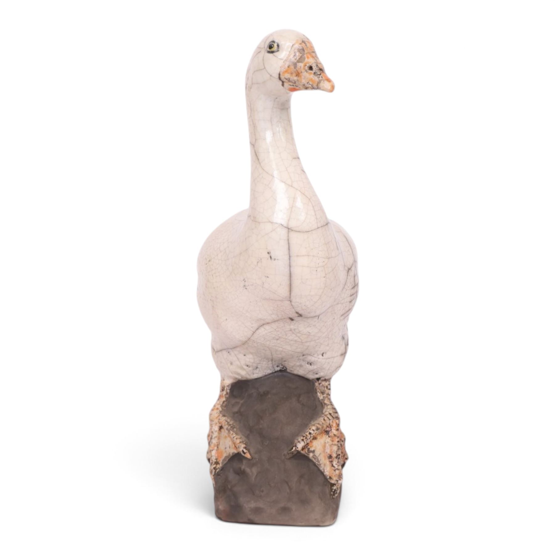Lawson E. Rudge (b. 1936), raku fired studio pottery sculpture of a goose, H31cm