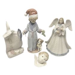 Three Lladro figures, comprising Dear Santa no 6166, Angelic Melody 1993 no 5963 and Seraphs Head no2 no 4885, together with Lladro plaque Love Brings Us Together no 7677, all with original boxes, largest example H18cm