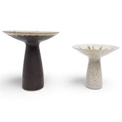 Barbara Cass (1921-1992) for Arden pottery; two studio pottery stoneware vases of slender tapering form with exaggerated flared rims, one with sunburst decoration, in cream and brown glazes, impressed marks to bases, tallest H18.5cm (2)