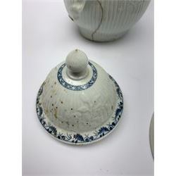 18th century Phillip Christian Liverpool reeded and floral moulded tea wares, comprising coffee pot, tea bowl and saucer, and coffee cup and saucer, each detailed with foliate and trellis borders, teapot H25cm, tea bowl D7.5cm, saucer D13cm 