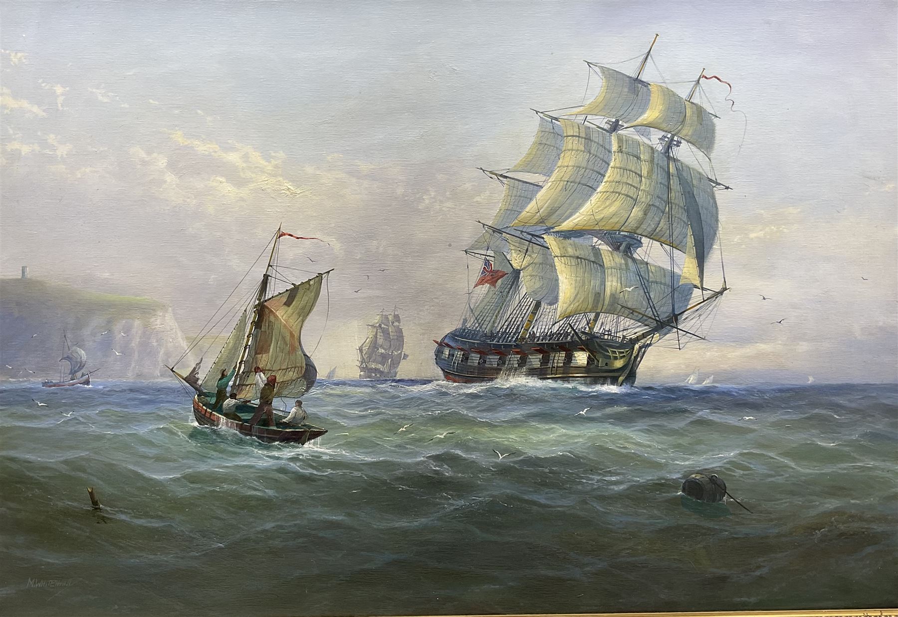 Michael James Whitehand (British 1941-): 'Battle of Flamborough Head', oil on canvas signed 60cm x 88cm