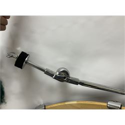 Pearl Vision SST Birch Ply shell four-piece drum kit in black comprising bass drum with foot pedal and three graduated toms; together with Pearl Custom Alloy Sensitone steel snare drum, drum and cymbal stands, microphone stand, stool and various drum sticks 