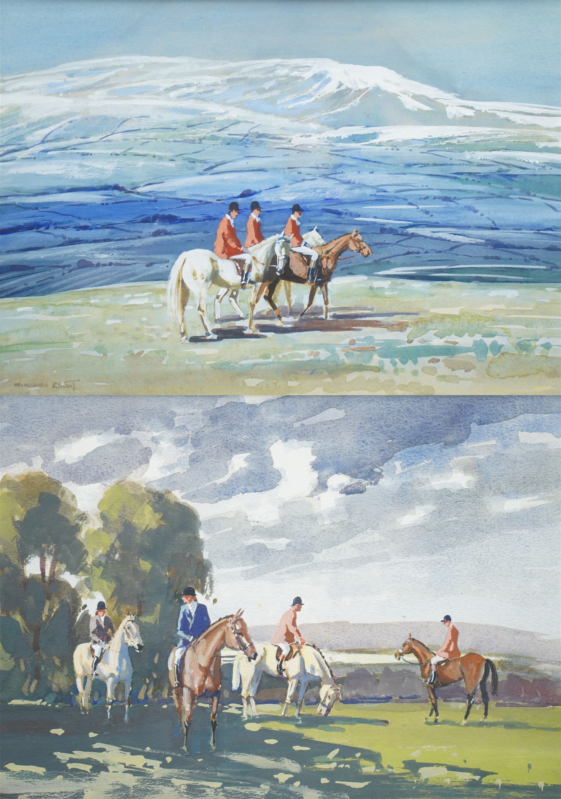 William Norman Gaunt (British 1918-2001): 'A Pause in the Hunt - Lunesdale Harriers' and Hunting by the Peaks, pair watercolours signed 25cm x 36cm (2)