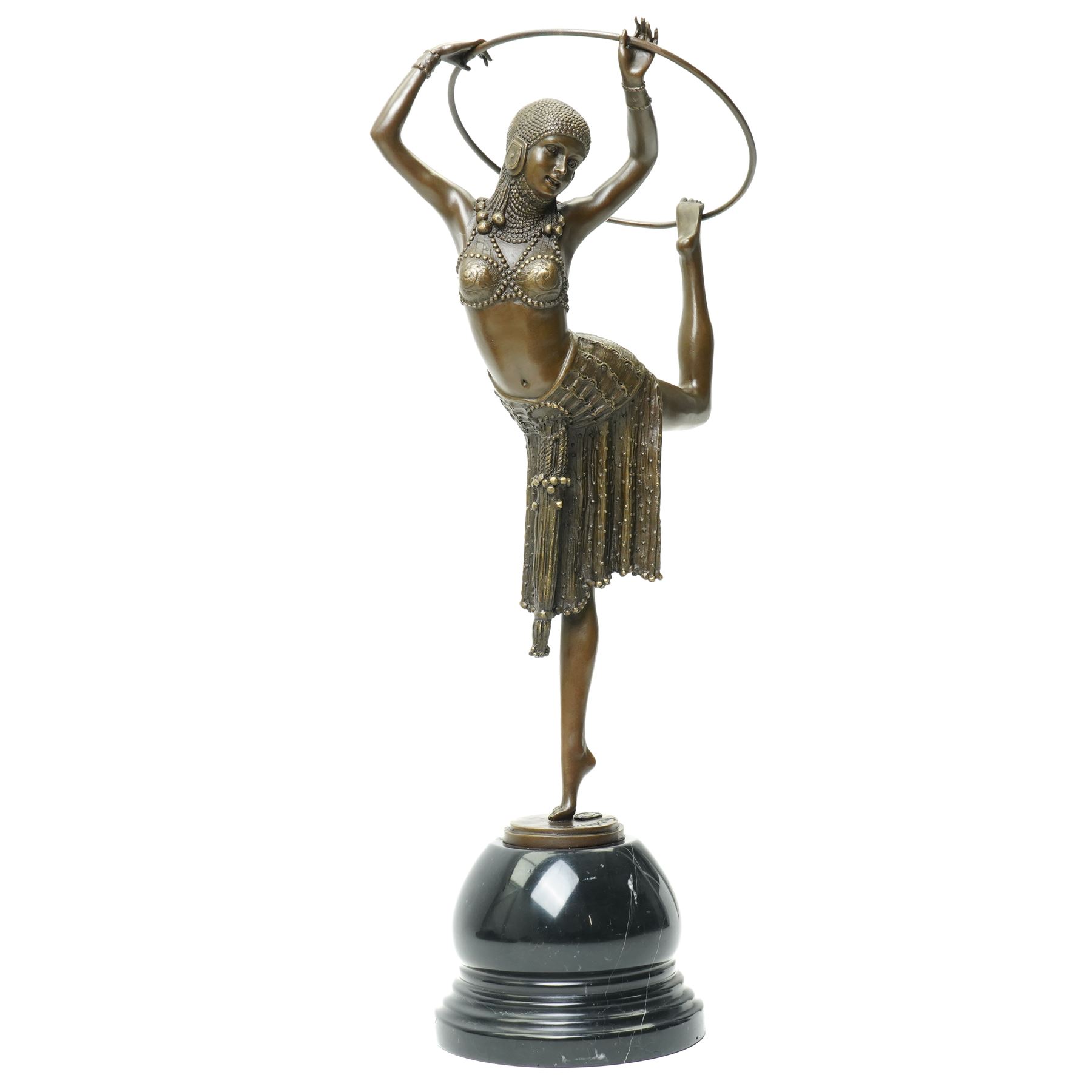 After Dimitri Chiparus - Art Deco style bronze figure of a dancer with hoop, signature and foundry mark on marble base H52cm 