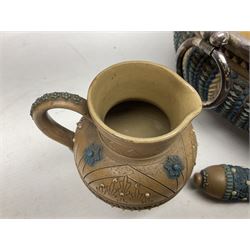 Five pieces of Doulton Lambeth silicon, comprising  salad bowl with plate mounted rim and handles, a pair of similar salad servers, vase and jug, jug H16cm