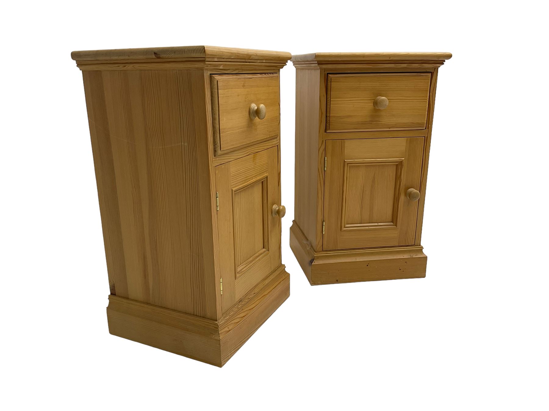 Pair traditional pine bedside cabinets, single drawer over cupboard