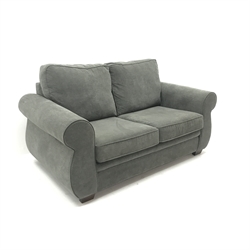  Two seat sofa bed upholstered in a grey fabric (W168cm) and a matching standard three seat sofa (W196cm) with storage stool (3)  