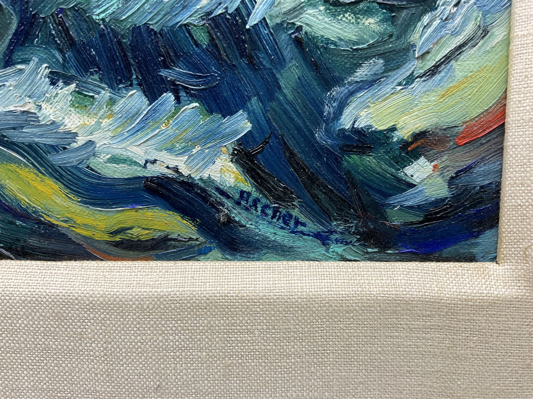 Georges Ascher (Polish 1884-1943): 'Time of Decision', oil on canvas signed 24cm x 36.5cm
Notes: Ascher was a cousin of the painter Roman Kramsztyk. He studied architecture at the Warsaw University of Technology and then continued his studies in Germany. During the war, which set Poland against the Red Army (1919-1921), he joined the Polish army alongside Marshal Piłsudski, and was wounded during the battle of Lwow. After the Polish authorities decorated him, Ascher moved to Lwow and then to Warsaw. He married and became an architect. Moving to Paris in 1925 he devoted himself to art. In 1937, he left his apartment in Paris with his wife and daughter for La Ciotat, where he painted many landscapes. In 1943, Georges and his wife were arrested and sent to the Gurs internment camp. They were deported on convoy number 60 and were died in Auschwitz. Much of Ascher’s work was destroyed in his studio while he was arrested. 
Jewish Artists of the School of Paris 1905-1939 - From 1905 to 1939, Paris attracted artists from all over the globe as the capital of the art world. This period of artistic proliferation became known as the School of Paris, and includes a great diversity of artistic expression. Within the teeming art world centred on Montparnasse, one group set itself apart: Jewish artists from Russia, Poland, and Central Europe. Although their styles were diverse, they shared the common fate of fleeing anti-Semitic persecutions in their home countries. Some became famous in the 1920s, such as Soutine, Lipchitz, and Chagall, while others did not have the time or the luck to gain renown. Nearly half of these artists died in Nazi concentration camps.