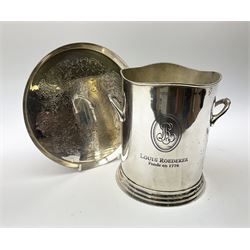 Twin handled ice bucket inscribed Louis Roederer, H19cm, and silver plated stand D23cm. 
