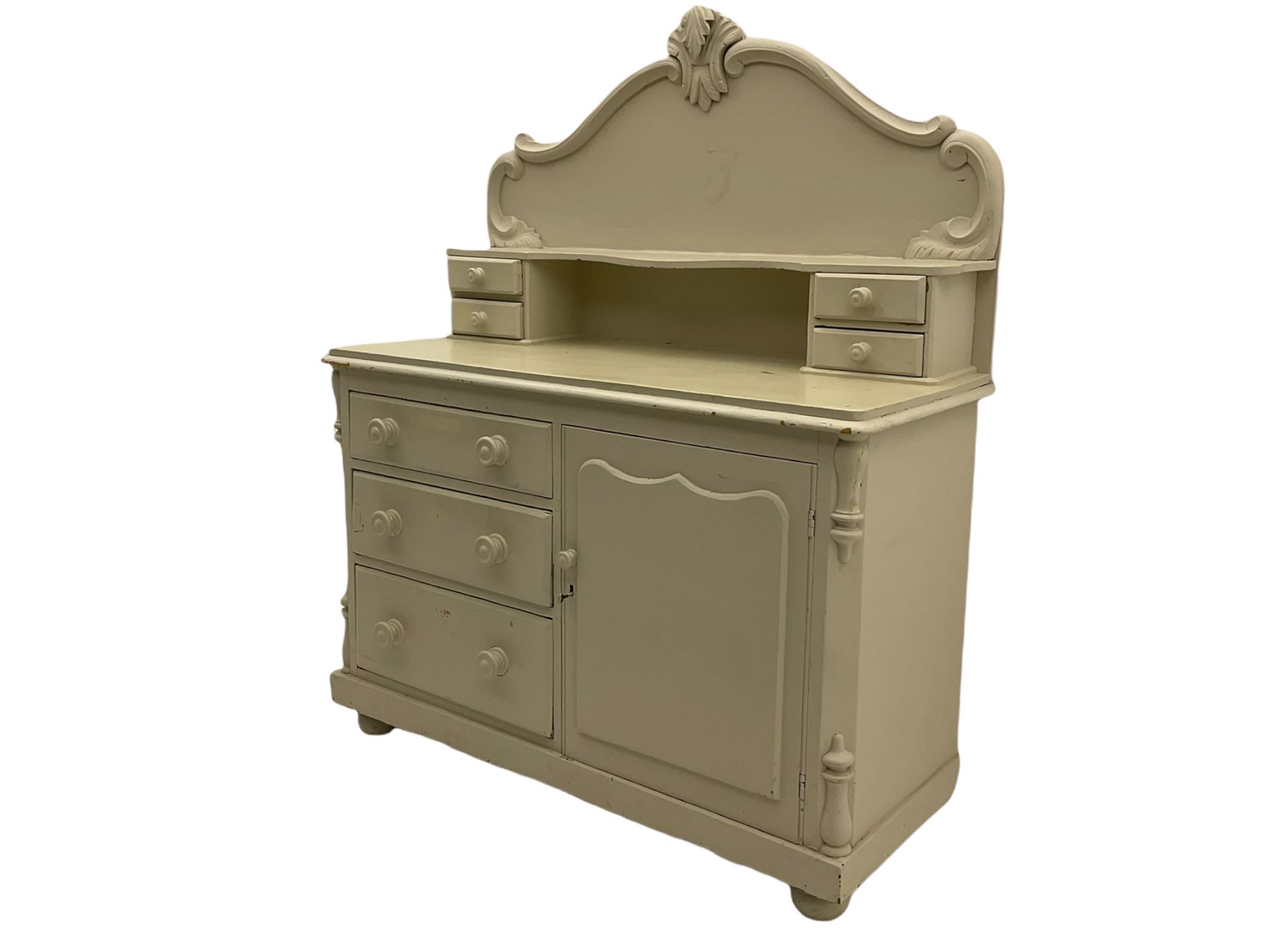 Victorian white painted pine chiffonier dresser, raised back with small drawers, fitted with single cupboard and three drawers