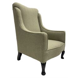 Early 20th century Regency-shaped mahogany low armchair, upholstered in sage green wool herringbone fabric, sprung seat, on cabriole front feet