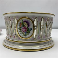 Herend Hungary pierced basket with cover, decorated with floral sprigs and a rose finial, together with overpainted glass vase, decorated with floral sprigs and gilt detail, glass vase H20cm 