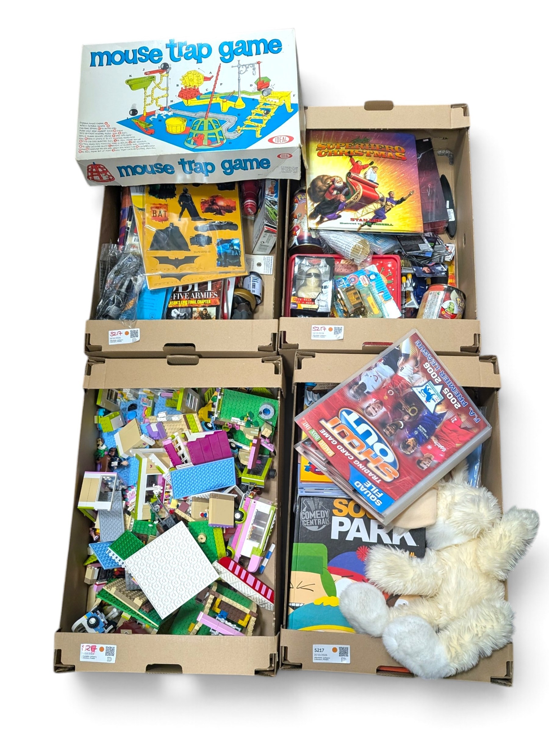 Collection of toys, including Lego Friends, soft toys, football trading cards, etc, in boxes