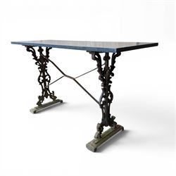 Edwardian ornate cast iron garden table, later rectangular granite top
