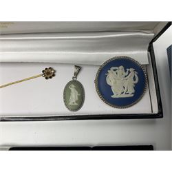 Pair of 9ct gold pearl stud earrings, silver jewellery including Wedgewood Jasperware pendant and brooch, bracelet, coin charm bracelet and three stone set pendants, etc, a collection of loose stones and cameos and a miniature silver scent bottle