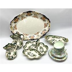 Shelly tea wares in Melody pattern, comprising three tea cups and saucers, four dessert plates, together with John Maddock & Sons platter in Royal Vitreous pattern and four Masons items in Chartreus pattern. 