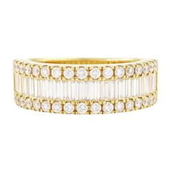 18ct gold diamond three row half eternity ring, single row of baguette cut diamonds, with ...