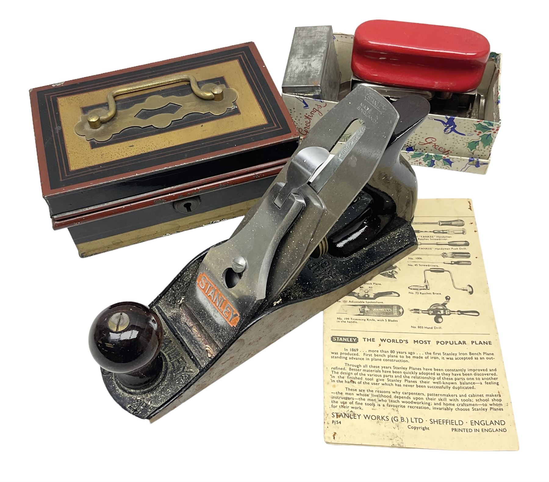 Stanley No.4 wood working plane, in original box, together with a cash tin box and British Boudoir travel iron 