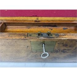19th century walnut and brass banded writing slope, with square brass escutcheon and rectangular plaque to hinged cover, opening to reveal compartmented interior with berry red felt slope, with key, L49.5cm W25cm
