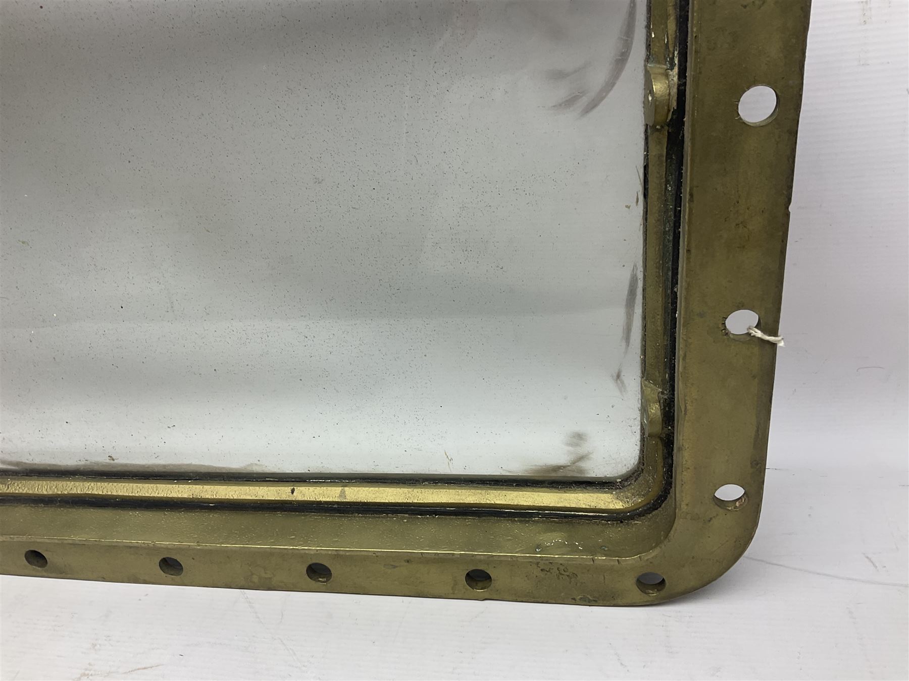 Rectangular brass porthole with hinged window, H46cm, L66cm