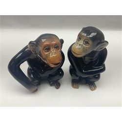 Large Sylvac monkey together with three smaller monkeys, together with Beswick Pigeon no 1383, Melba Ware hippo and baby and Royal Dux elephant 