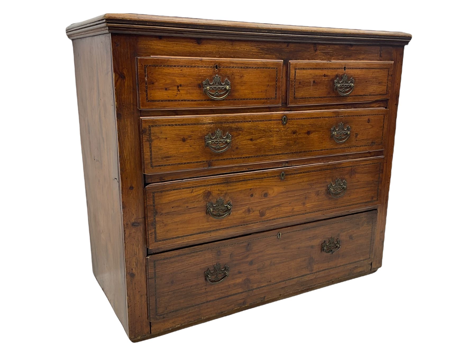 Georgian elm and pine chest, fitted with two short and three long drawers, chequered drawer bandings
