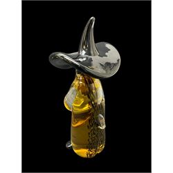 Murano glass cat and figure ina hat, together with tow valletta glass paperweights and bird glass paperweight, cat H20cm 