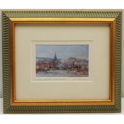 Daniel King (British c.1616-1661): Beverley Minster, 17th/18th century engraving 21cm x 31cm; Tom Harland (British 1945-2012): 'Winter Sunrise North Ferriby' and 'April Showers St Mary's Beverley', two colour prints signed in pencil, max 38cm x 45cm (3)