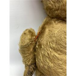 Mid-20th century plush covered teddy bear the revolving head with applied eyes, vertically stitched nose and jointed limbs with rexine pads H58cm; together with a leather backpack (2)
