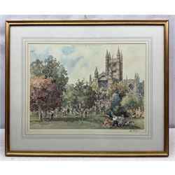 Eric R. Sturgeon (British 1920-1999): 'The Palace Gatehouse Wells', 'Bath Abbey', 'Pulteney Bridge' and 'Wells Cathedral', set of four lithographs signed in pencil and blind stamped, together with a print of Labradors, signed 'Logan' and numbered in pencil max. 43cm x 58cm (5)
